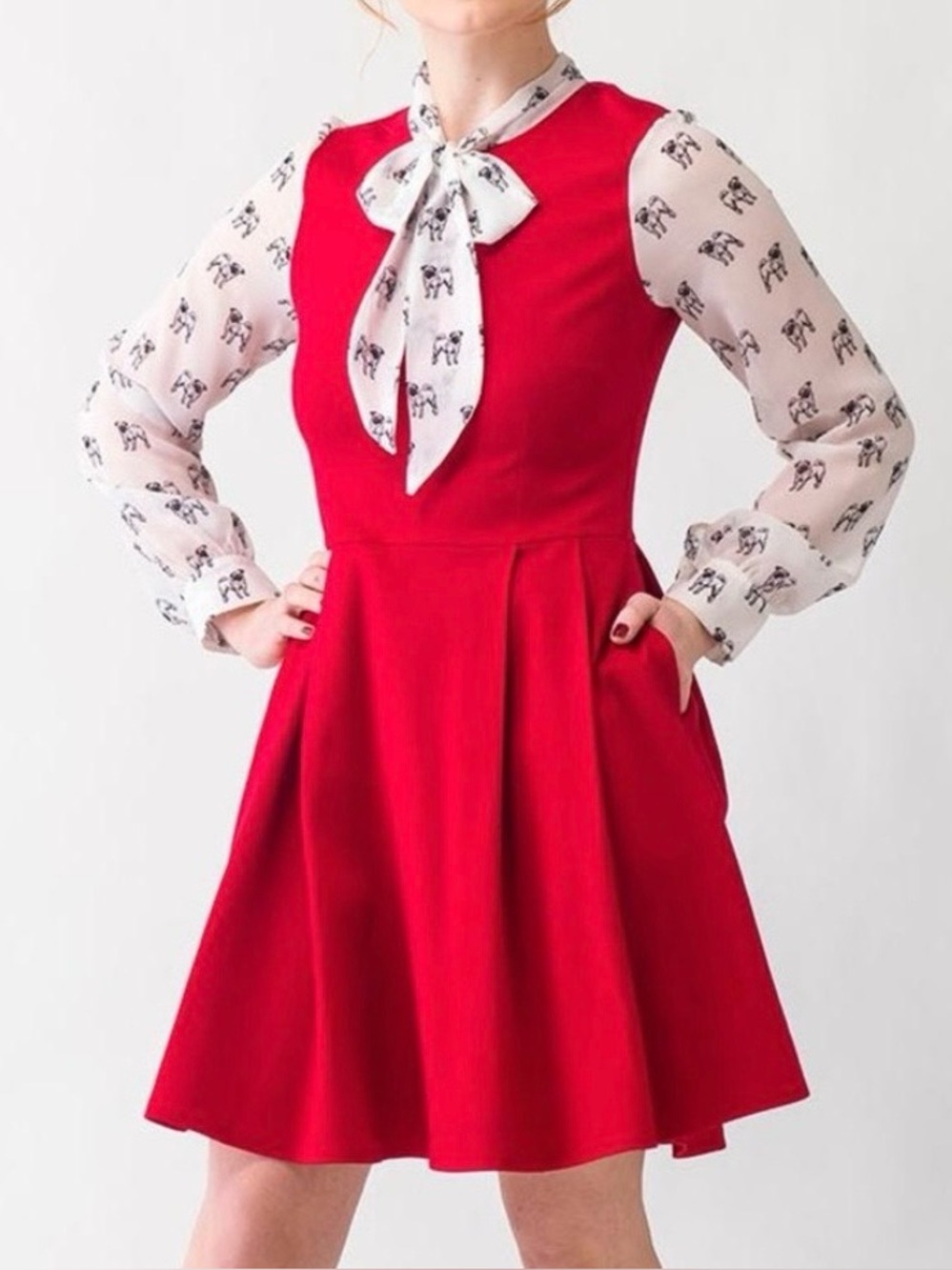 Smak Parlour Retro Tie Neck Pug Dress S Fit Flare Y2K Red Long Slv Pockets Dogs